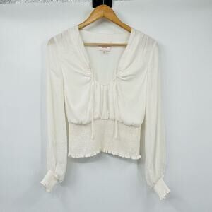 Cinq a Sept Blouse Smocked Waist Long Sleeve Lined White Silk Womens Size XS